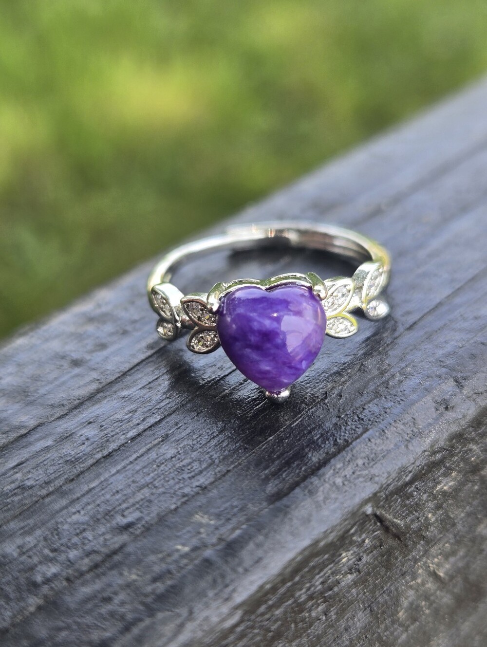 Charoite Heart Ring Silver Vine Adjustable